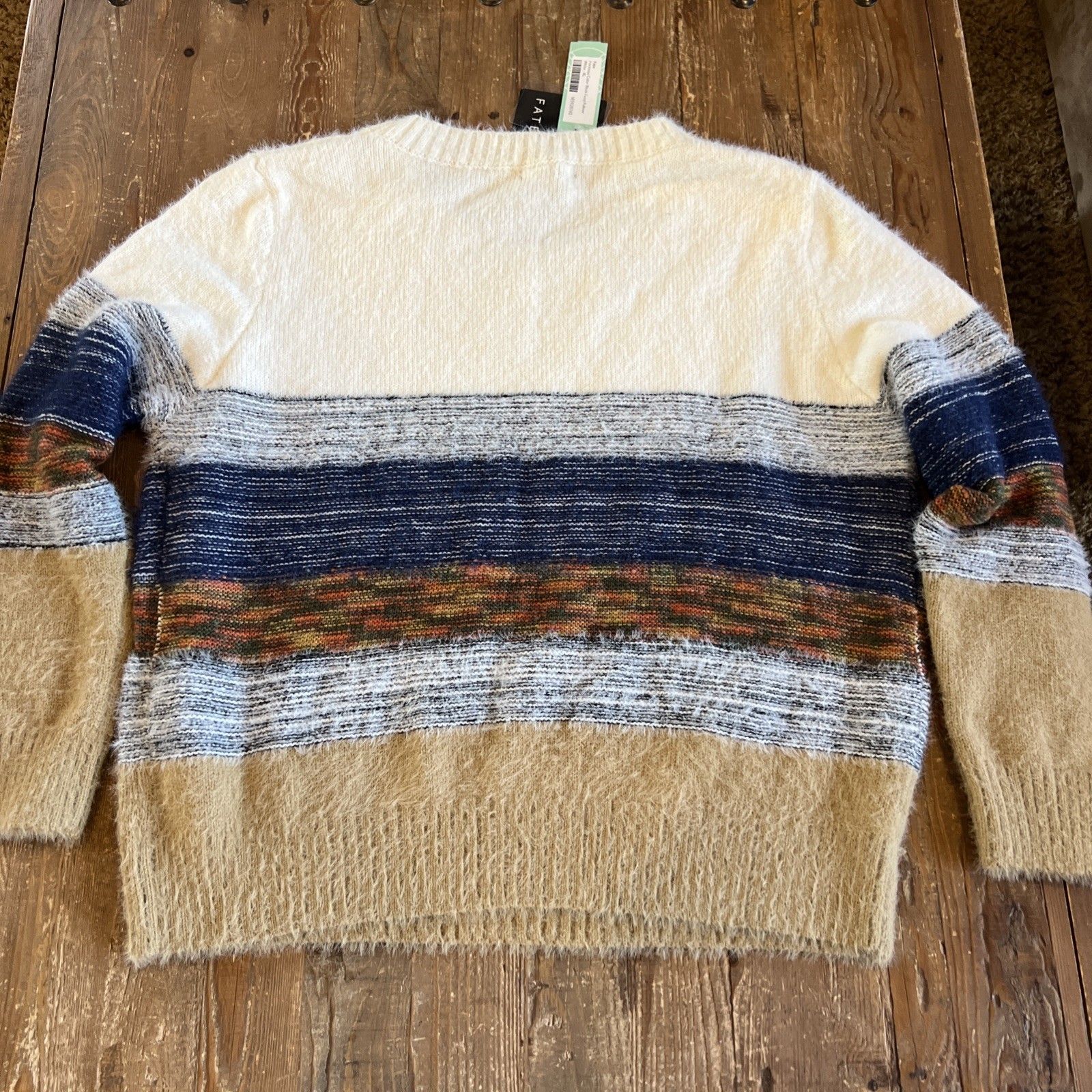 Nwt Fate Women’s Xl Fuzzy Colorblock Striped Sweater Stretch Fit Cream Blue — image 6 of 7
